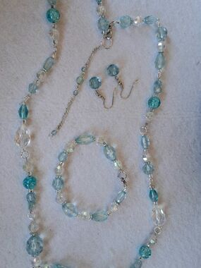 Hand Crafted Ice Blue Crystal Bead Jewelry Set - Necklace, Bracelet & Earrings